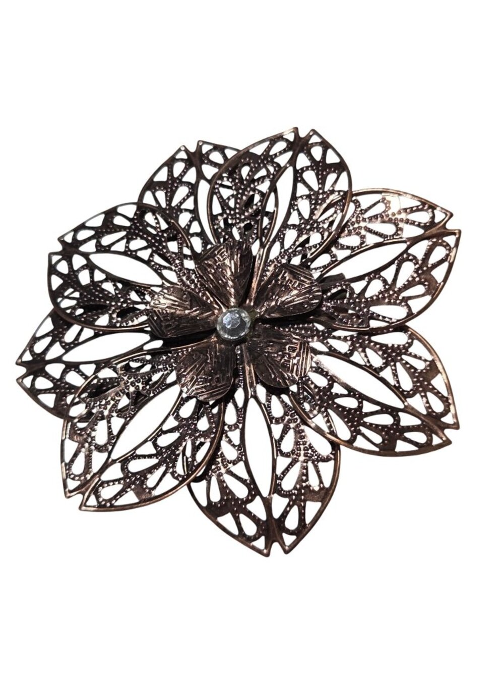 Vintage Copper Tone Filigree Flower Brooch Pin Rhinestone Accent Fashion Jewelry